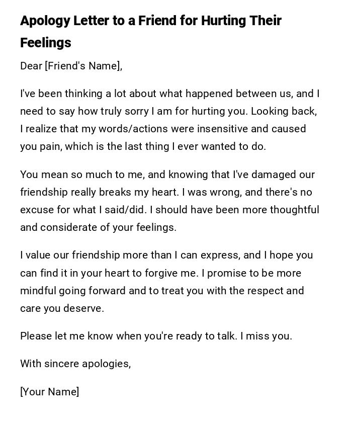 Apology Letter to a Friend for Hurting Their Feelings Apology Letter to a Friend for Hurting Their Feelings