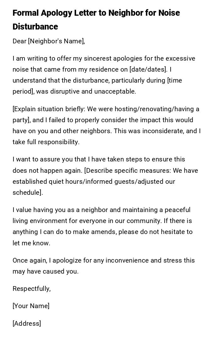 Formal Apology Letter to Neighbor for Noise Disturbance Formal Apology Letter to Neighbor for Noise Disturbance
