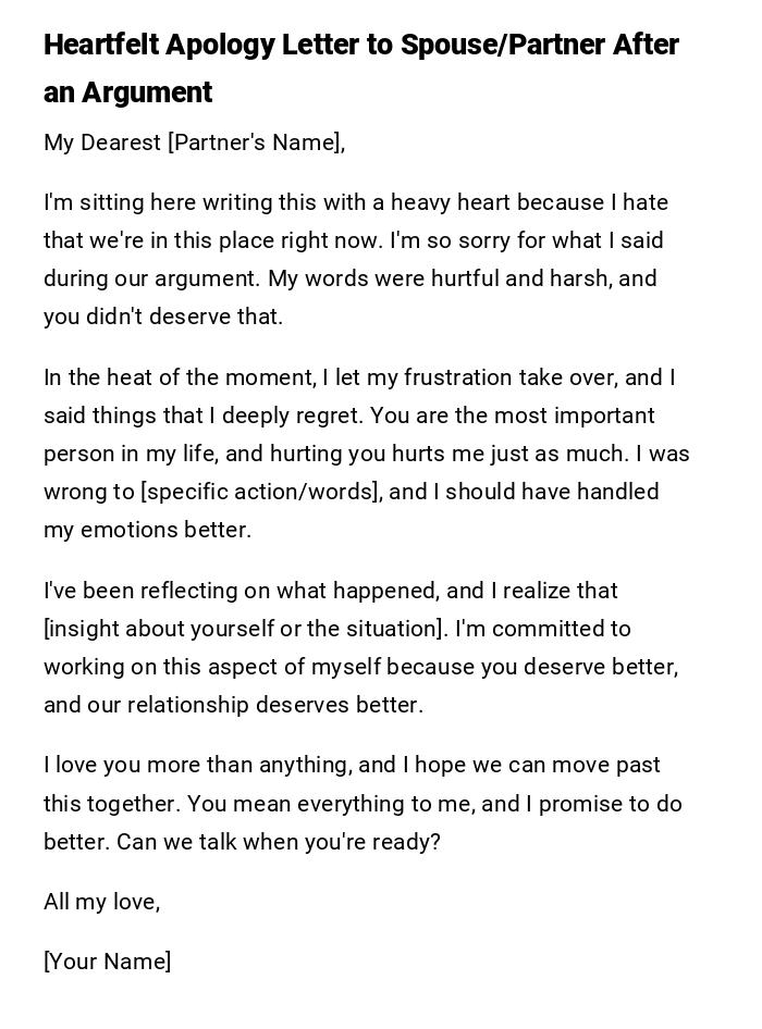 Heartfelt Apology Letter to Spouse/Partner After an Argument Heartfelt Apology Letter to Spouse/Partner After an Argument