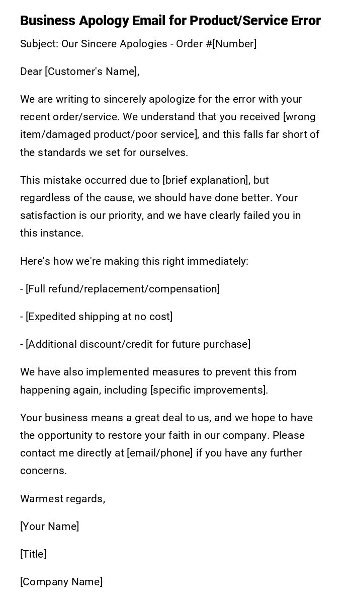 Business Apology Email for Product/Service Error Business Apology Email for Product/Service Error