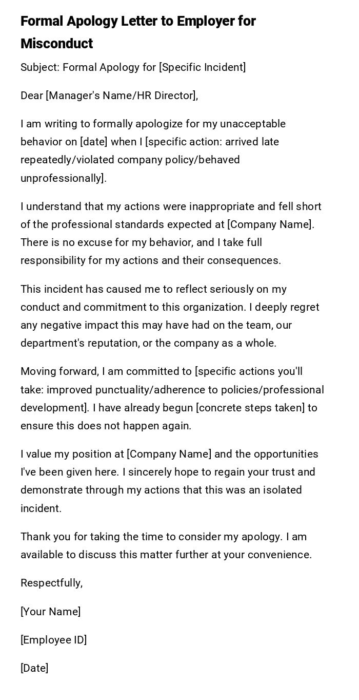 Formal Apology Letter to Employer for Misconduct Formal Apology Letter to Employer for Misconduct