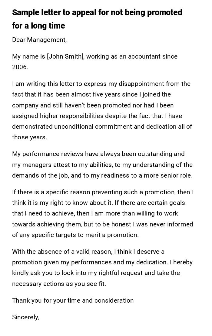 Sample letter to appeal for not being promoted for a long time Sample letter to appeal for not being promoted for a long time