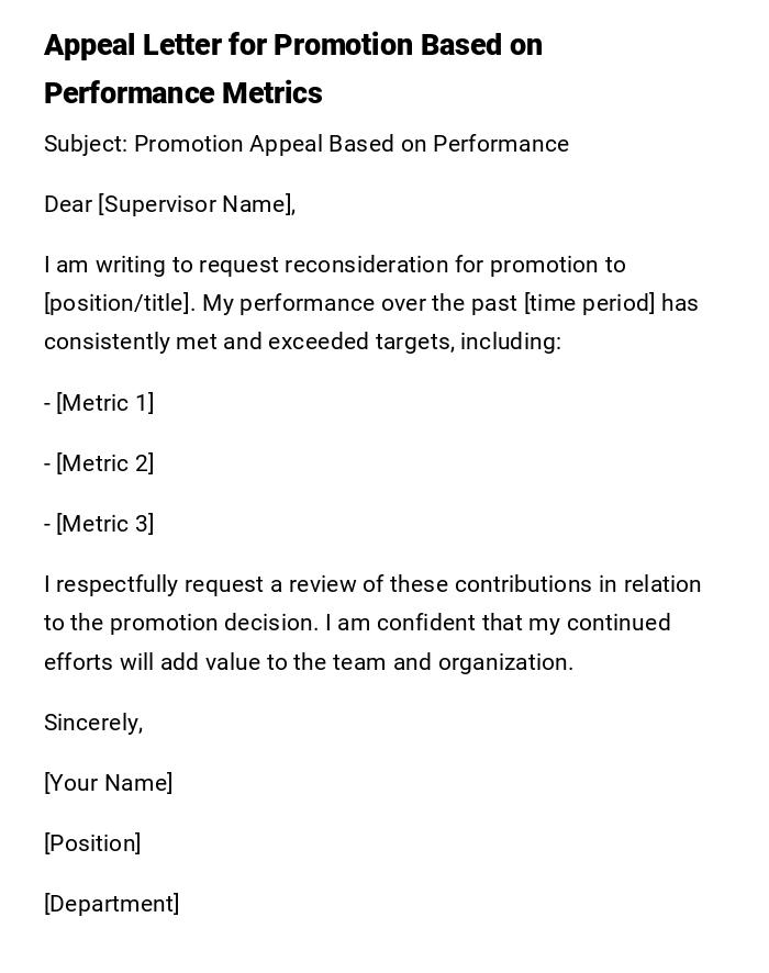 Appeal Letter for Promotion Based on Performance Metrics Appeal Letter for Promotion Based on Performance Metrics
