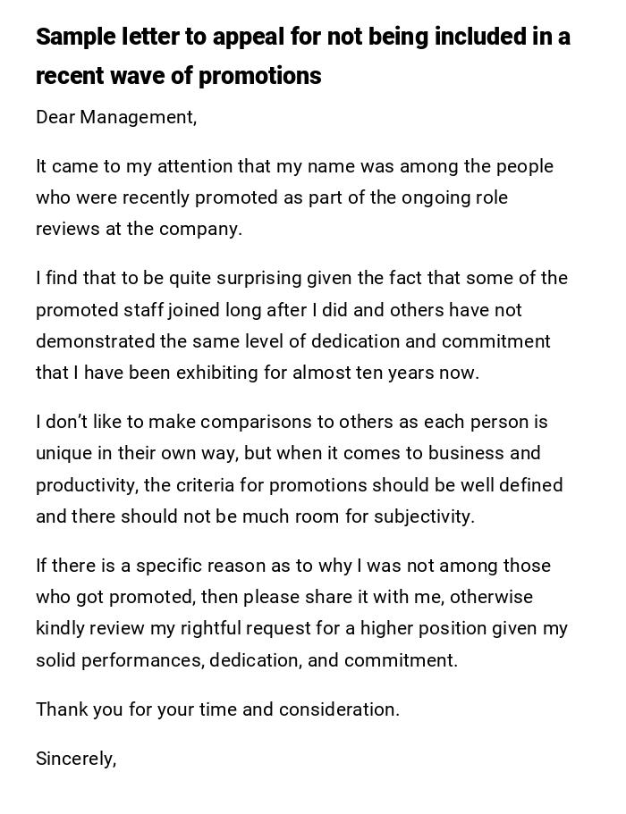 Sample letter to appeal for not being included in a recent wave of promotions Sample letter to appeal for not being included in a recent wave of promotions