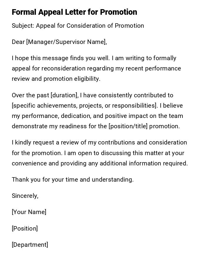 Formal Appeal Letter for Promotion Formal Appeal Letter for Promotion