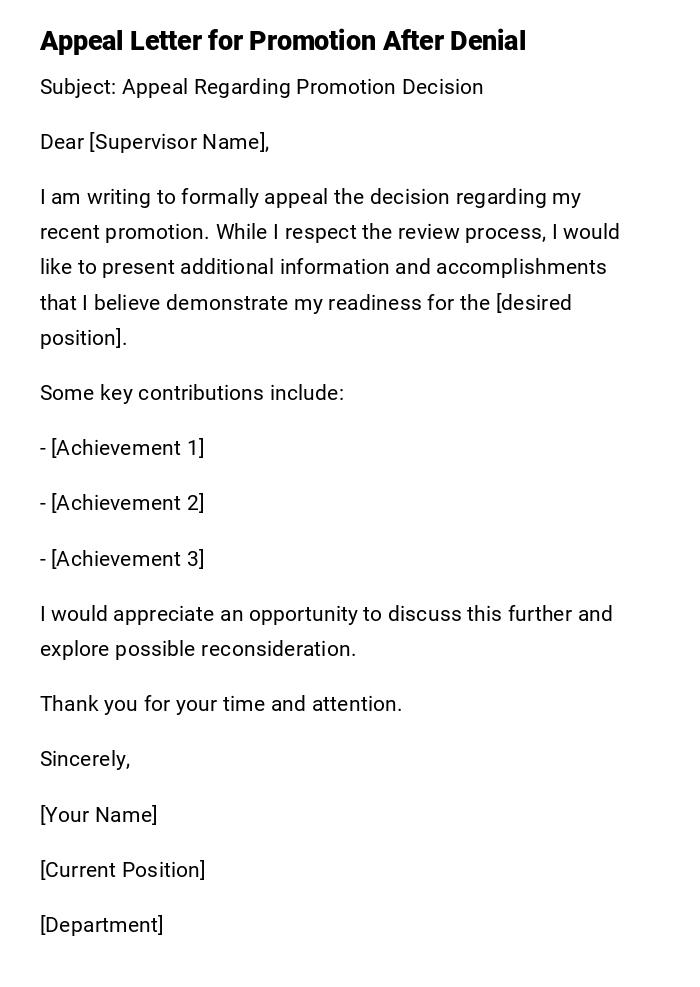 Appeal Letter for Promotion After Denial Appeal Letter for Promotion After Denial