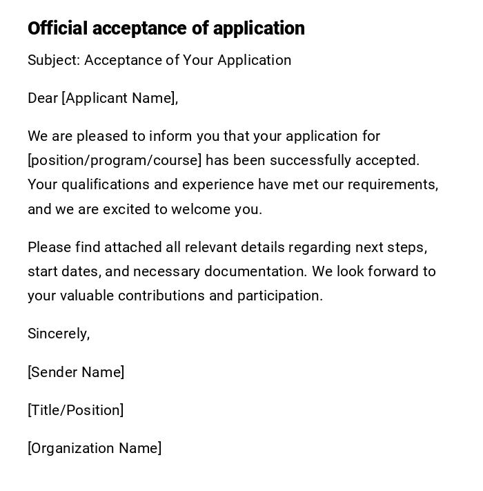 Official acceptance of application Official acceptance of application