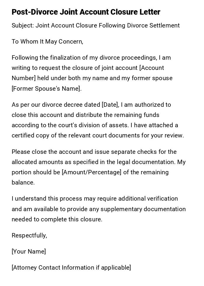 Post-Divorce Joint Account Closure Letter