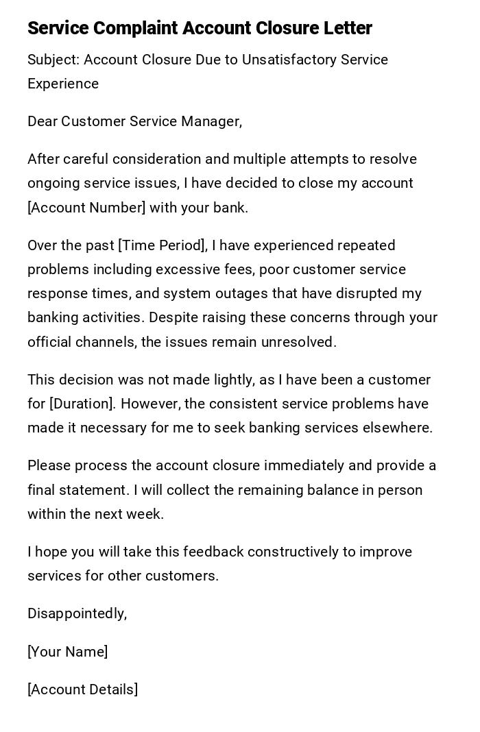 Service Complaint Account Closure Letter