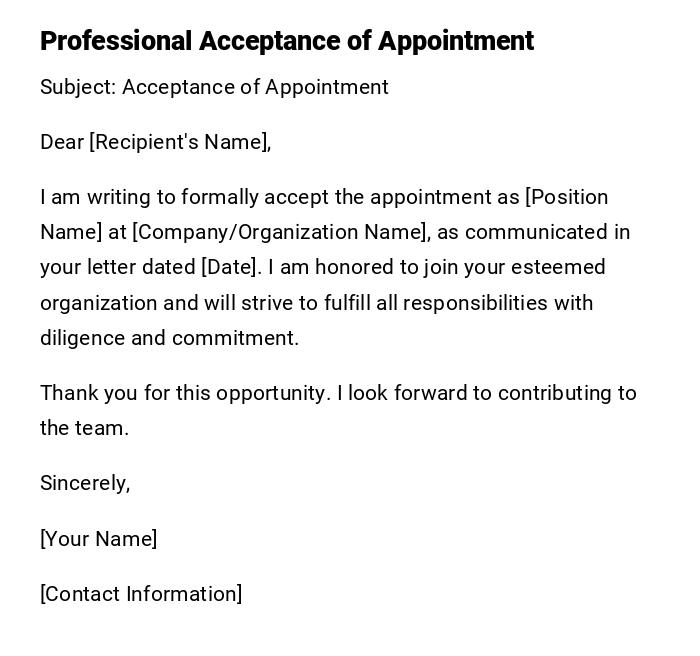 Professional Acceptance of Appointment Professional Acceptance of Appointment