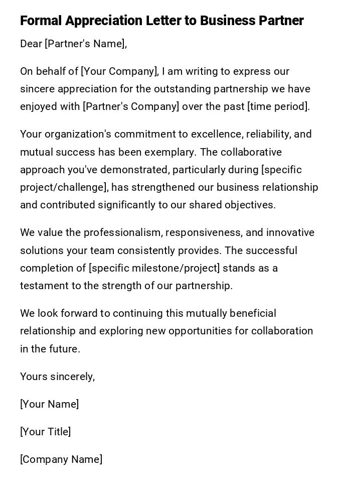 Formal Appreciation Letter to Business Partner Formal Appreciation Letter to Business Partner