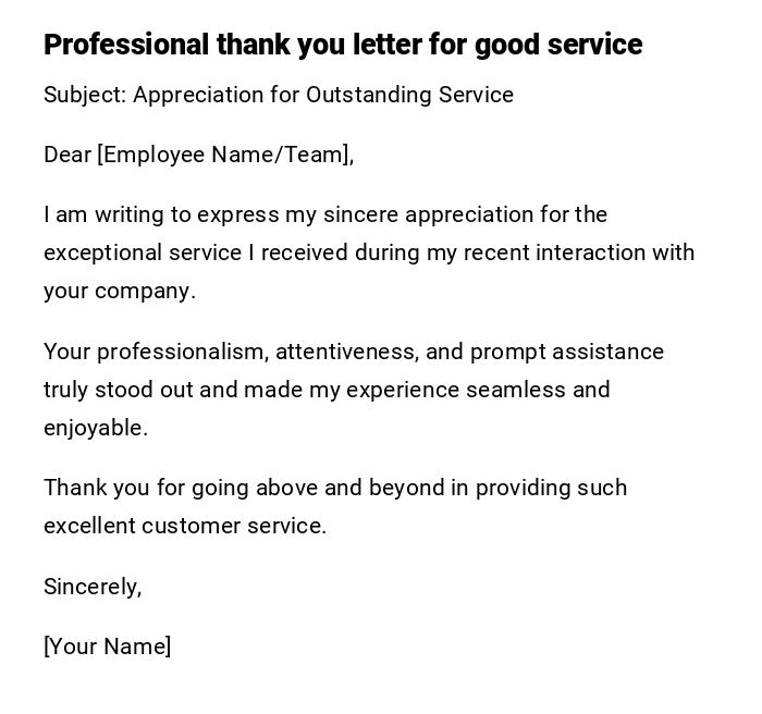 Professional thank you letter for good service