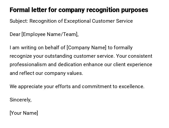 Formal letter for company recognition purposes