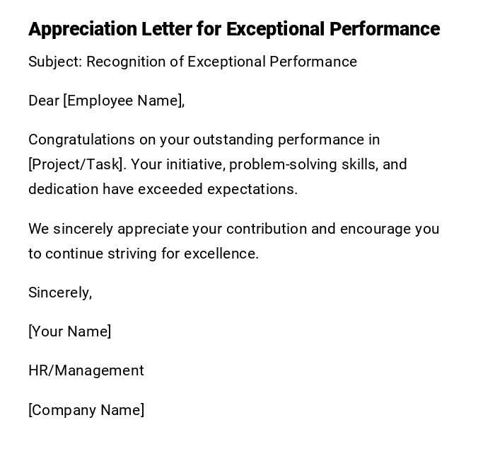 Appreciation Letter for Exceptional Performance Appreciation Letter for Exceptional Performance