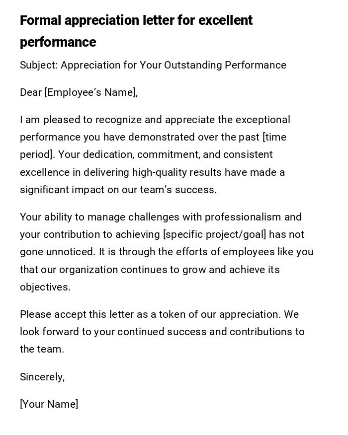 Formal appreciation letter for excellent performance Formal appreciation letter for excellent performance