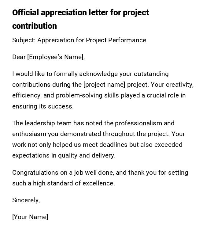 Official appreciation letter for project contribution Official appreciation letter for project contribution