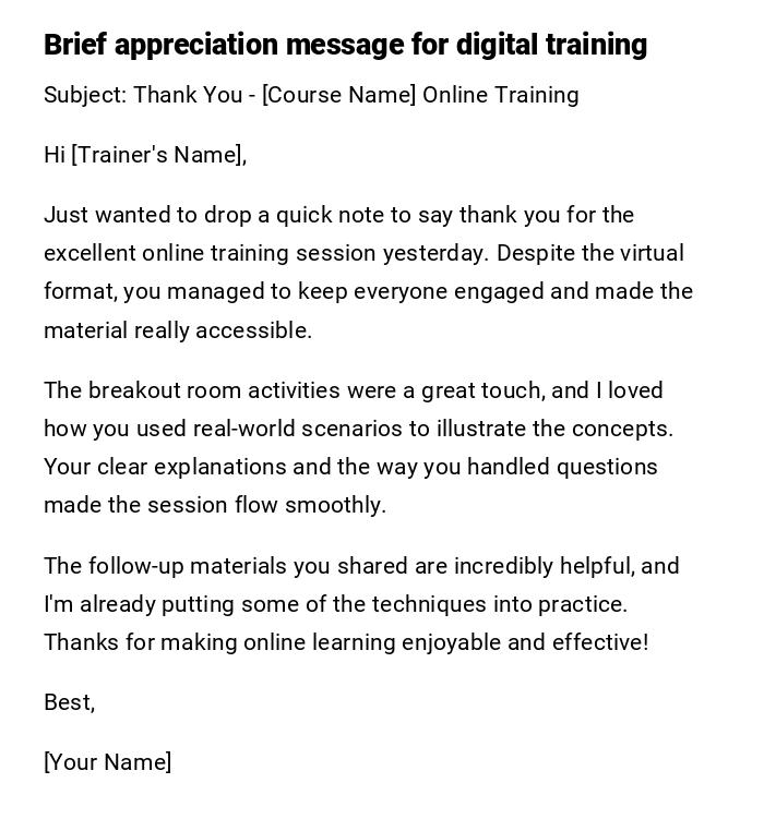 Brief appreciation message for digital training Brief appreciation message for digital training