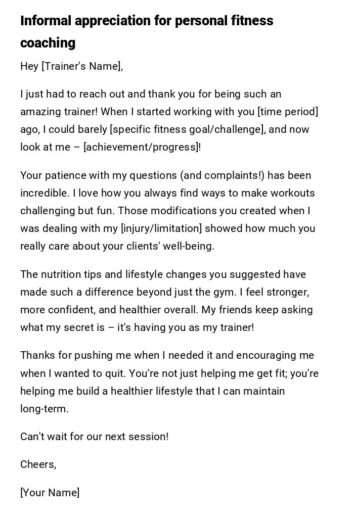 Informal appreciation for personal fitness coaching Informal appreciation for personal fitness coaching