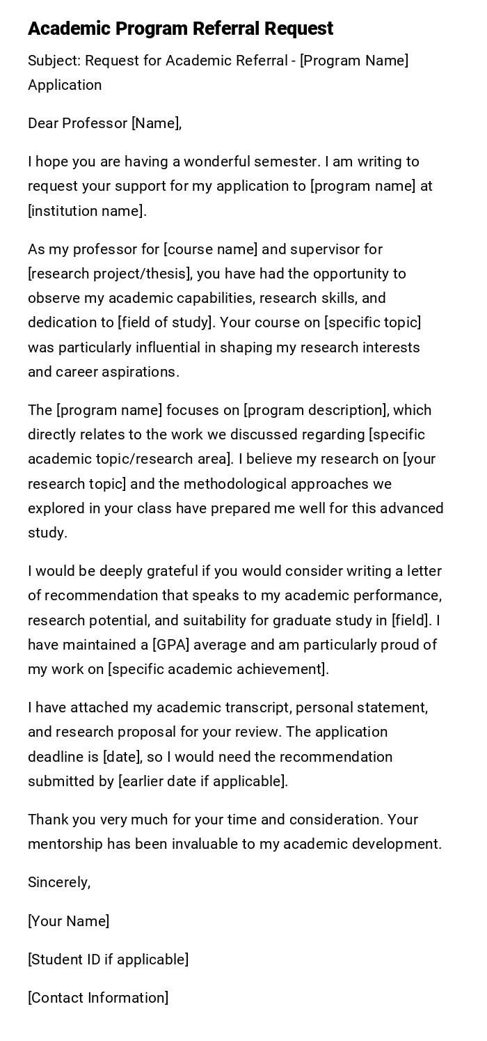 Academic Program Referral Request Academic Program Referral Request
