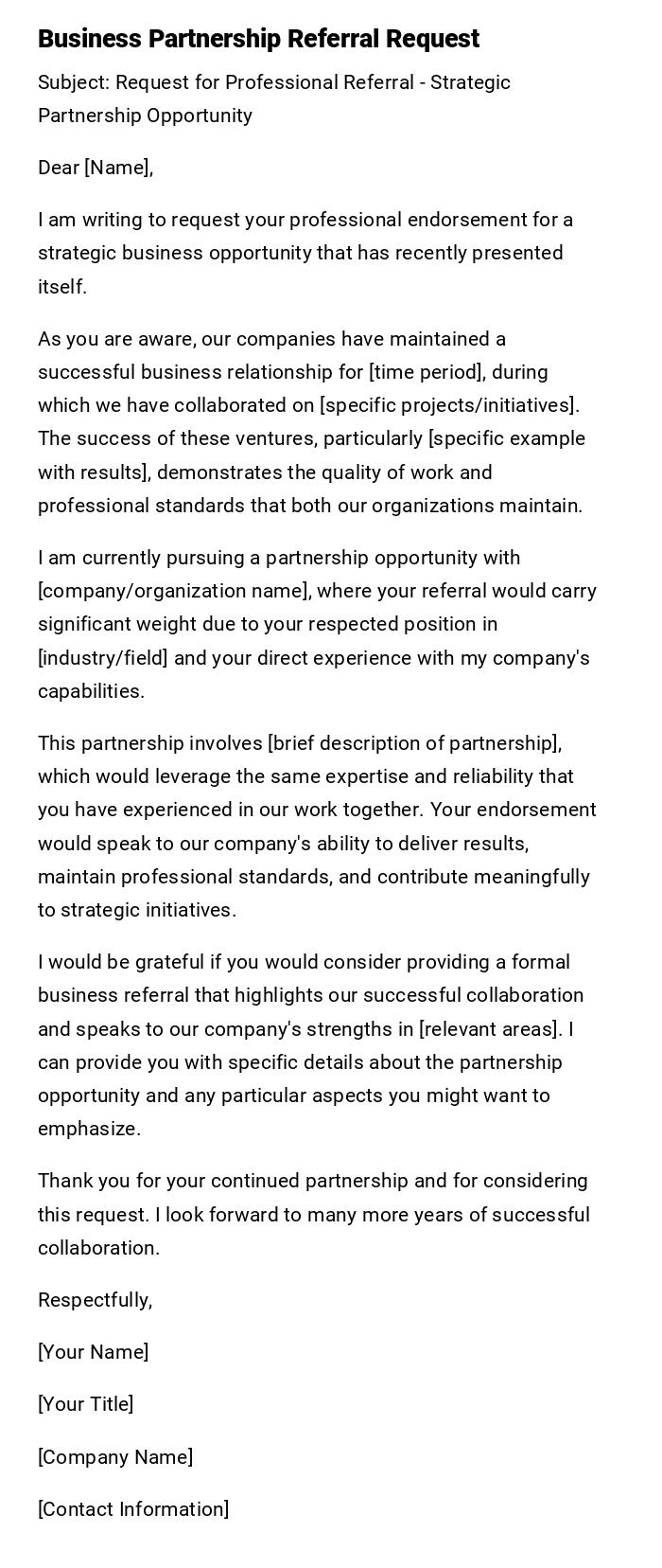 Business Partnership Referral Request Business Partnership Referral Request