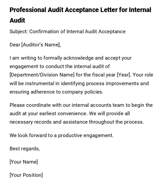 Professional Audit Acceptance Letter for Internal Audit