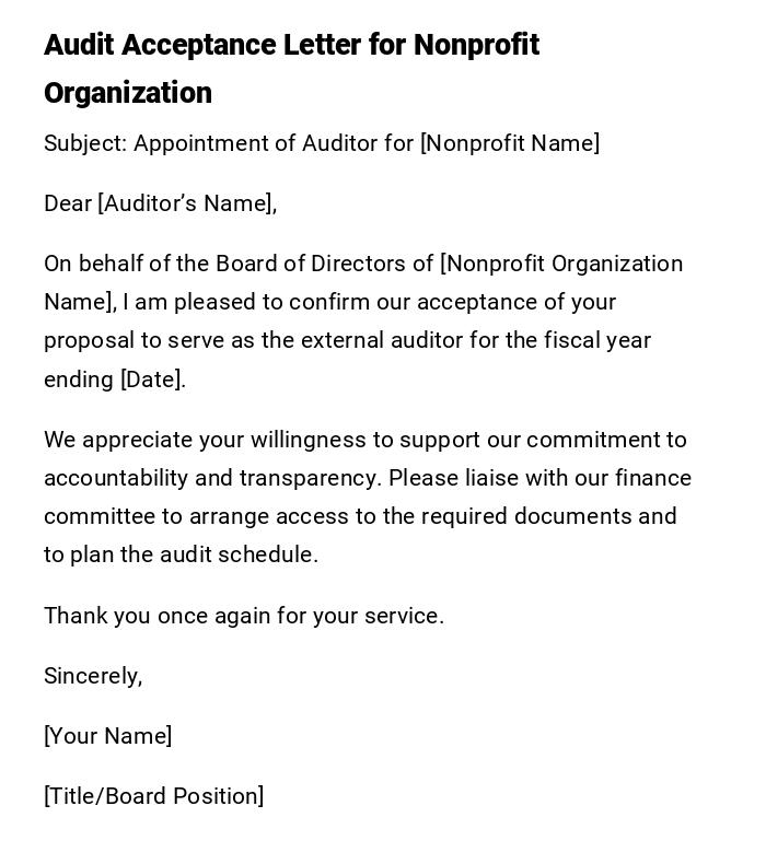 Audit Acceptance Letter for Nonprofit Organization