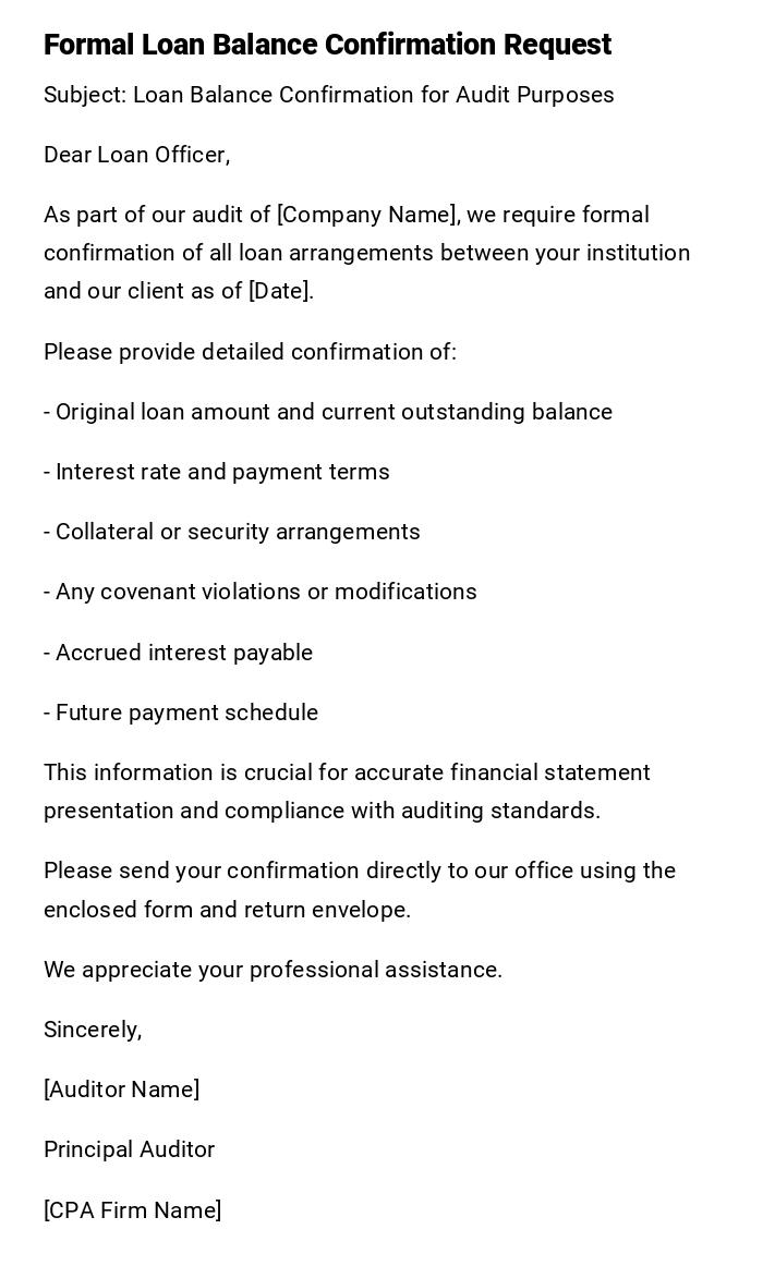Formal Loan Balance Confirmation Request Formal Loan Balance Confirmation Request