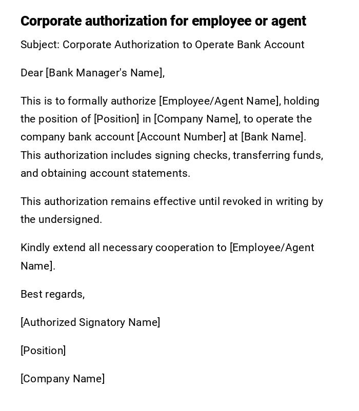 Corporate authorization for employee or agent