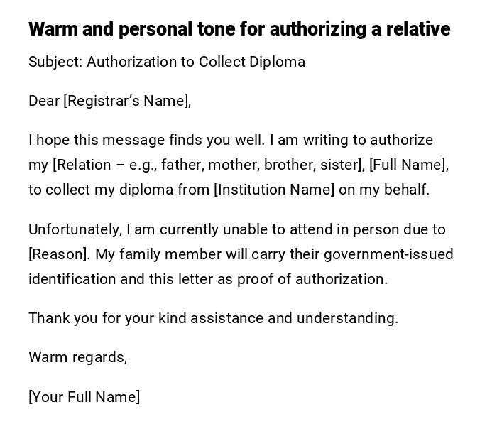 Warm and personal tone for authorizing a relative