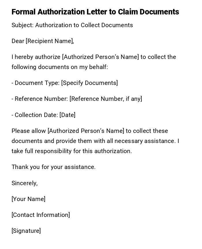 Formal Authorization Letter to Claim Documents