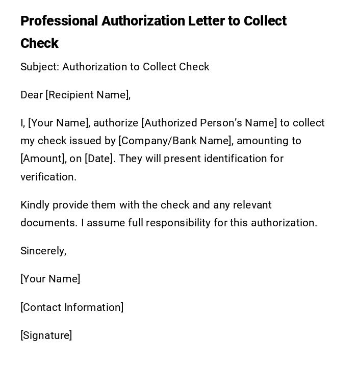 Professional Authorization Letter to Collect Check