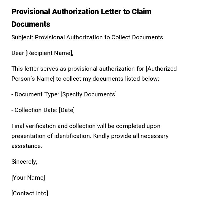 Provisional Authorization Letter to Claim Documents
