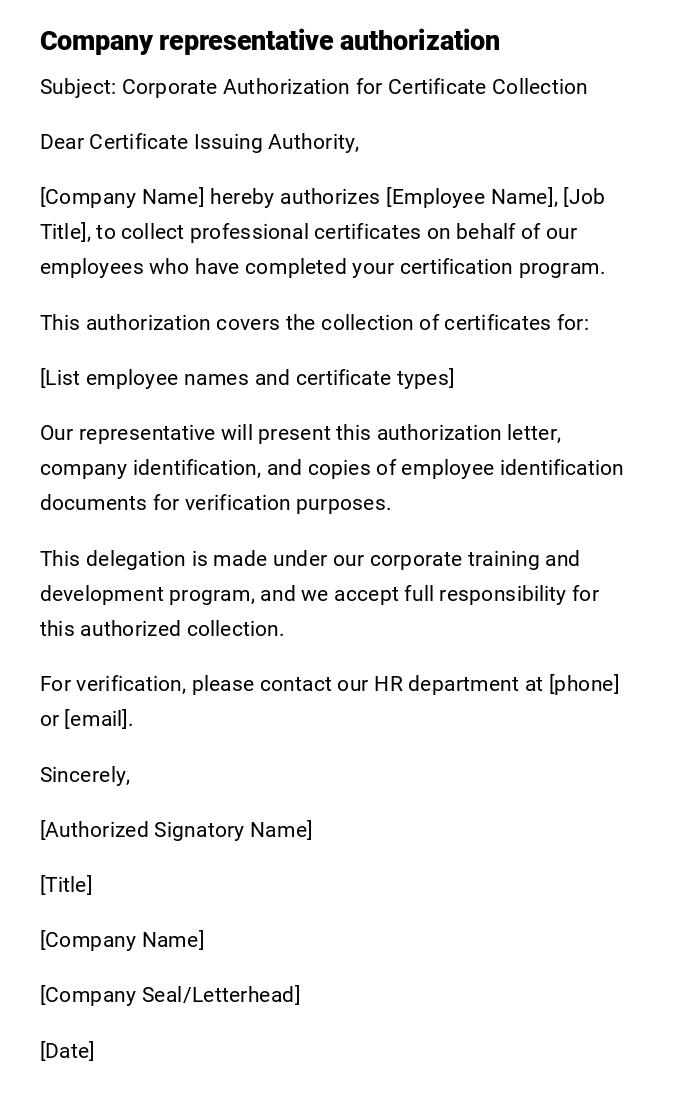 Company representative authorization Company representative authorization