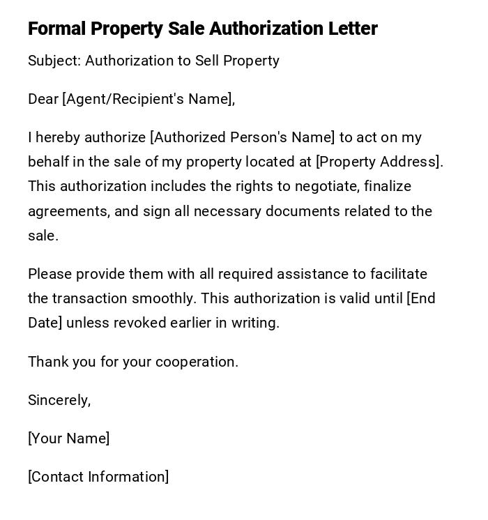 Formal Property Sale Authorization Letter Formal Property Sale Authorization Letter