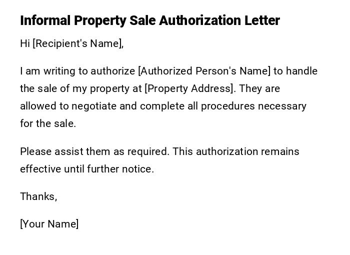 Informal Property Sale Authorization Letter Informal Property Sale Authorization Letter