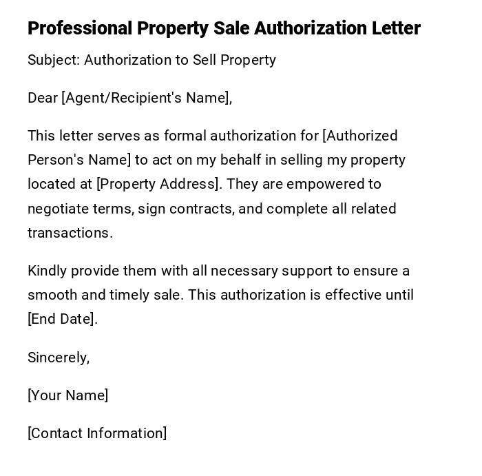 Professional Property Sale Authorization Letter Professional Property Sale Authorization Letter