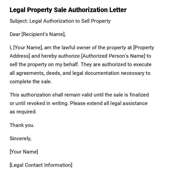 Legal Property Sale Authorization Letter Legal Property Sale Authorization Letter