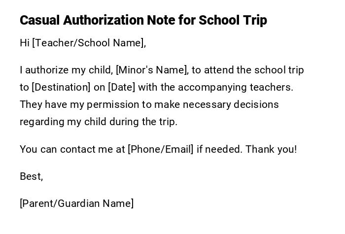 Casual Authorization Note for School Trip Casual Authorization Note for School Trip