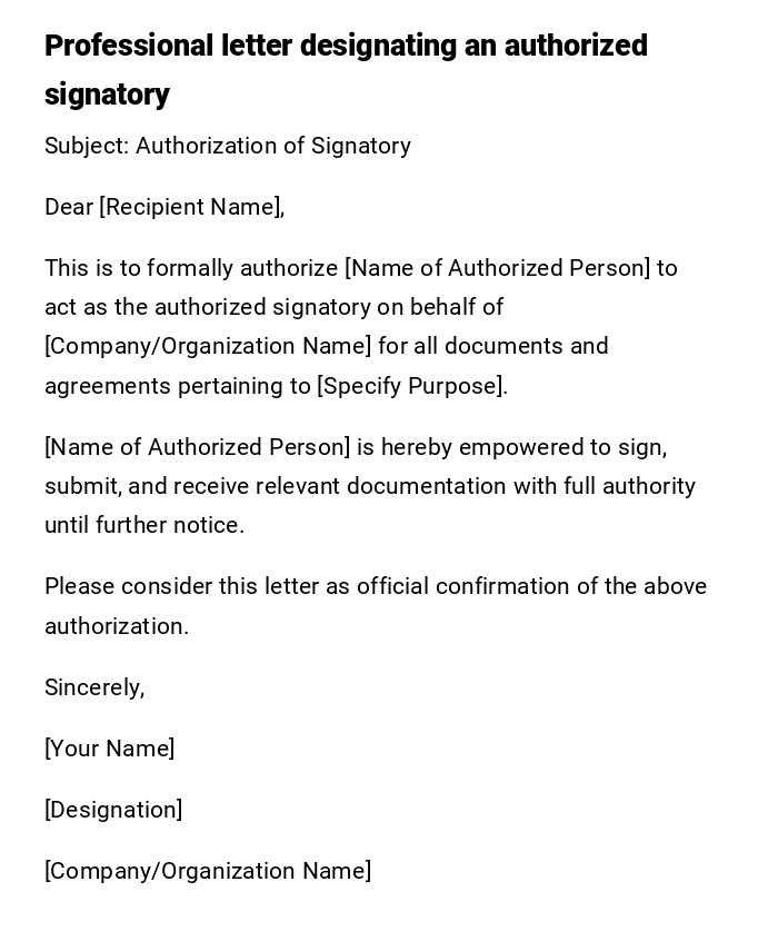 Professional letter designating an authorized signatory Professional letter designating an authorized signatory