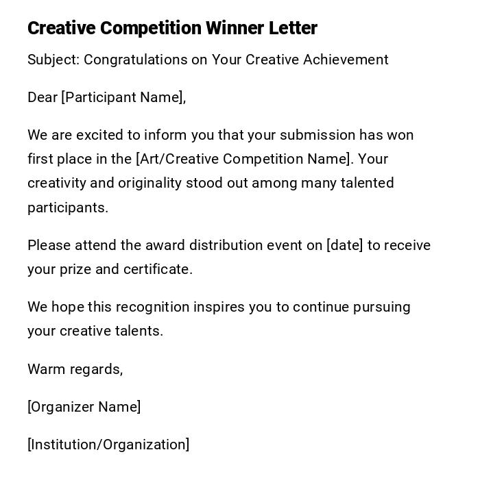 Creative Competition Winner Letter