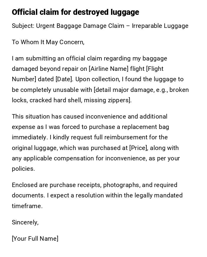 Official claim for destroyed luggage Official claim for destroyed luggage