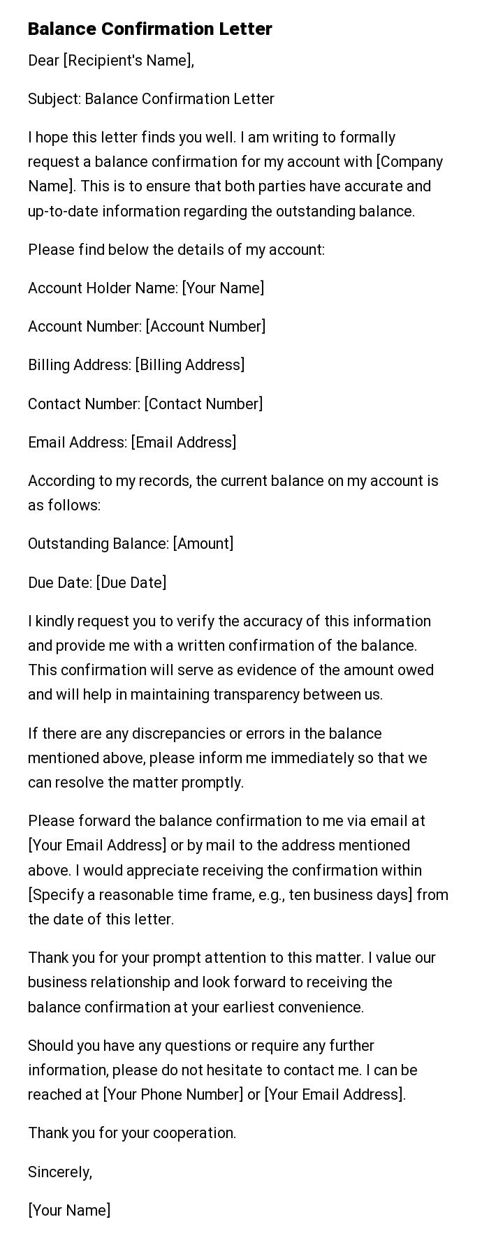 Balance Confirmation Letter