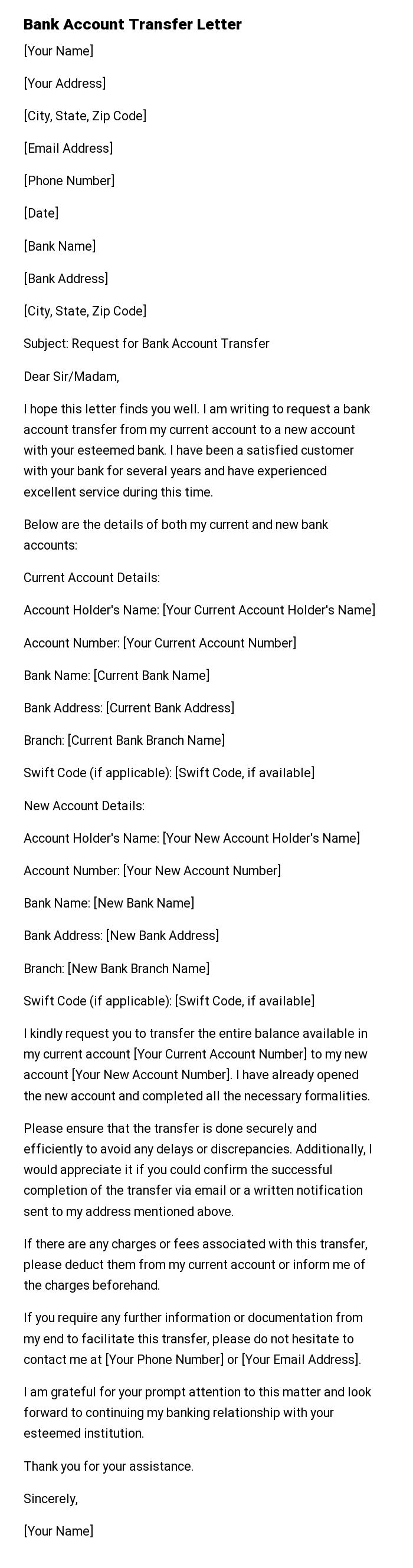 Bank Account Transfer Letter