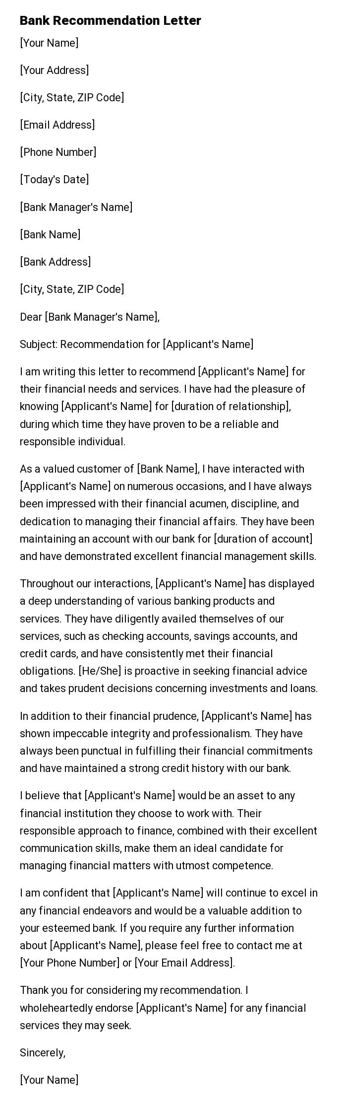 Bank Recommendation Letter