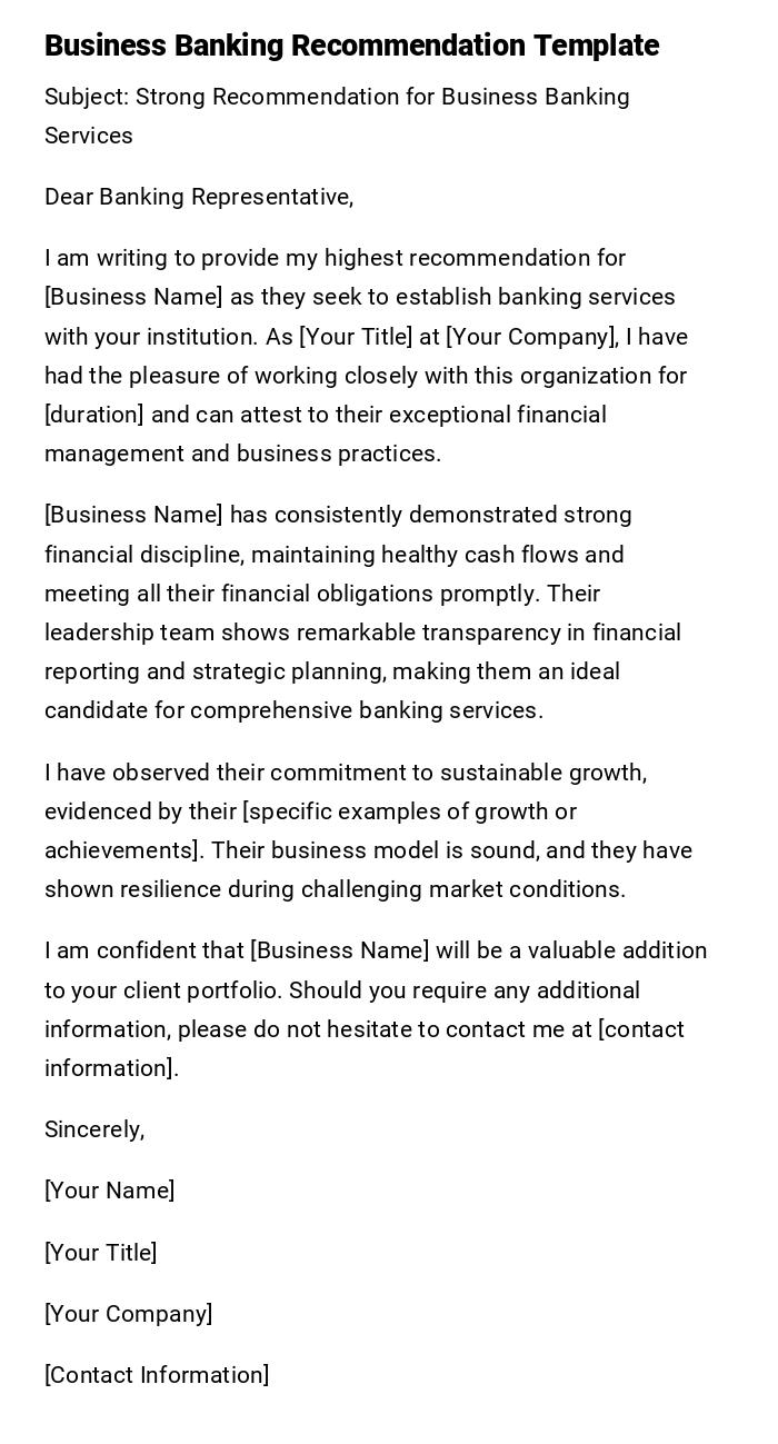 Business Banking Recommendation Template Business Banking Recommendation Template