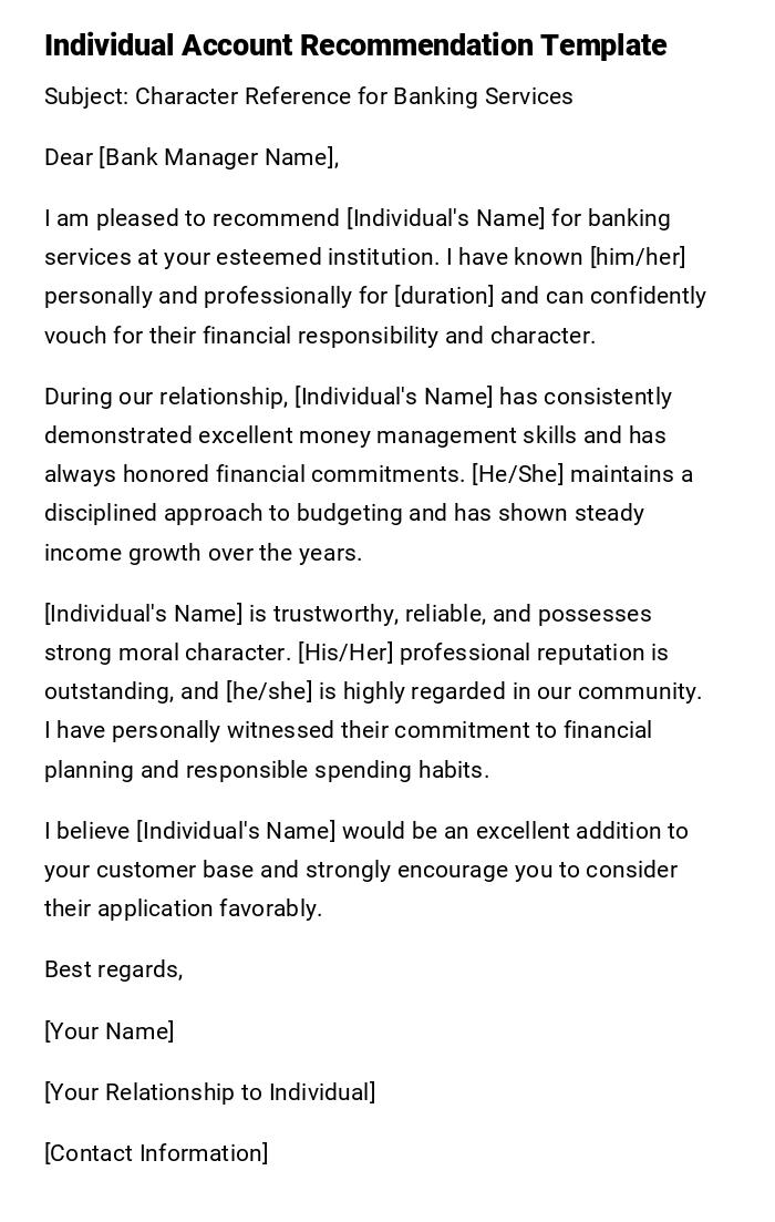 Individual Account Recommendation Template Individual Account Recommendation Template