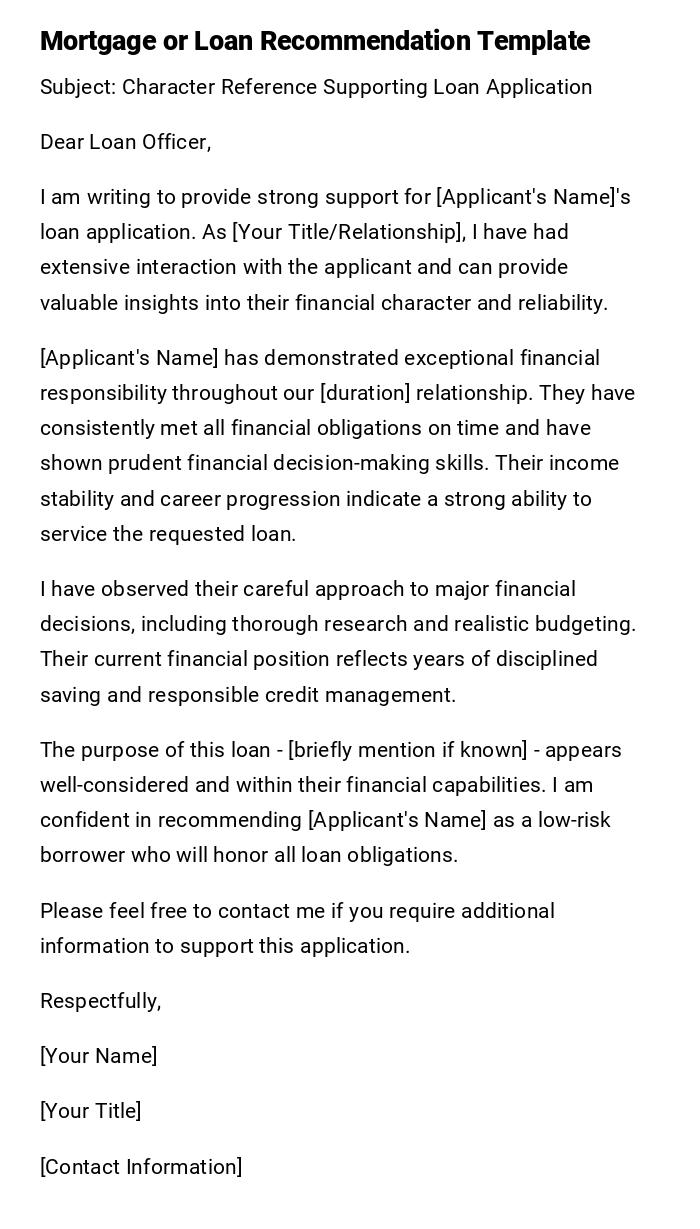 Mortgage or Loan Recommendation Template Mortgage or Loan Recommendation Template