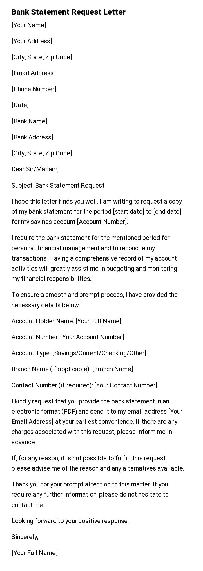 Bank Statement Request Letter