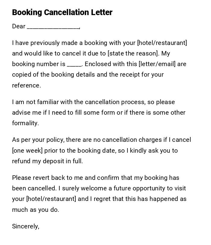 Booking Cancellation Letter Booking Cancellation Letter