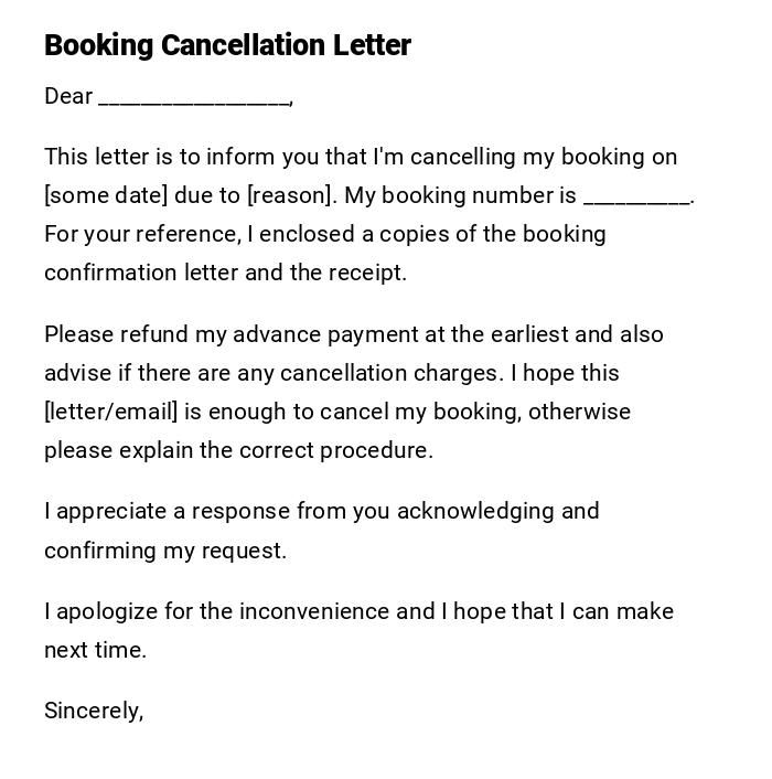 Booking Cancellation Letter Booking Cancellation Letter